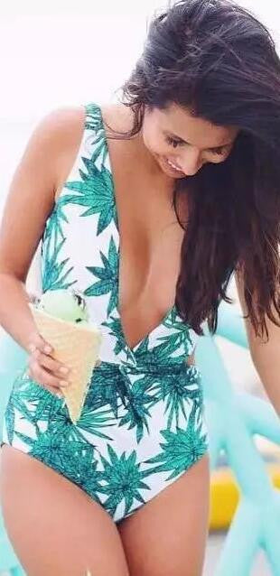 Fashion Leaves Print Spaghetti Strap One Piece Swimwear