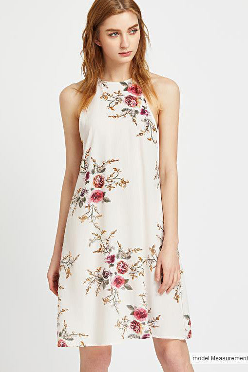 Bear-Shoulder-Scoop-Floral-Print-Loose-Short-Dress