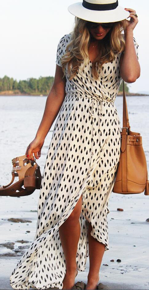 Sexy V-Neck Printing Irregular Wrap Dress