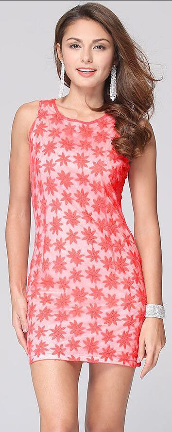 Embroidery Sleeveless Scoop Short Bodycon Dress
