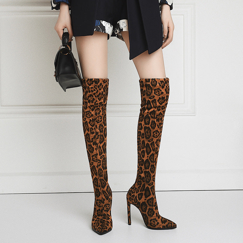 Fashion Leopard Point Toe High Heel Stretch Over Knee Boots