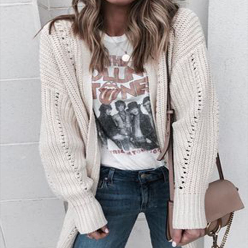 White Loose Hollow Knit Sweater Cardigan