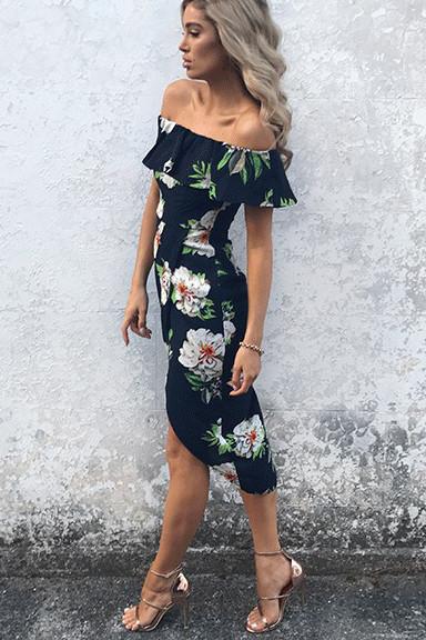 Floral Print Ruffle Off Shoulder Boat Neckline Irregular Short Dress
