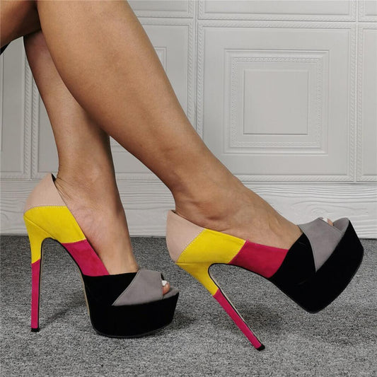 Suede Peep Toe Color Block Platform High Heel Sandals