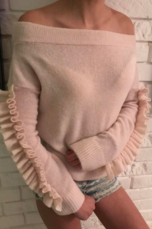 Ruffles Off Shoulder Long Sleeves Solid Color Sweater