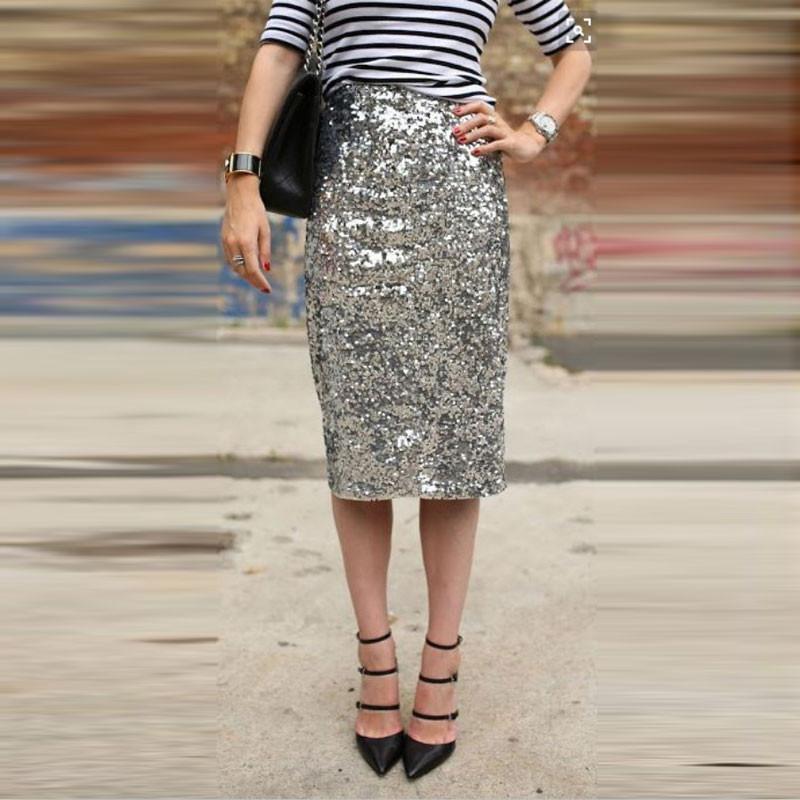 Free Shipping Clearence Silver Sequins Sexy Knee-Length Pencil Skirt