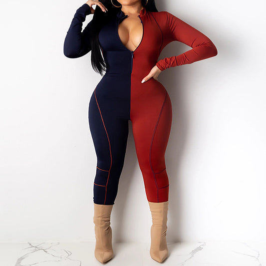 Sexy Long Sleeves Bodycon Color Block Zipper Jumpsuits 