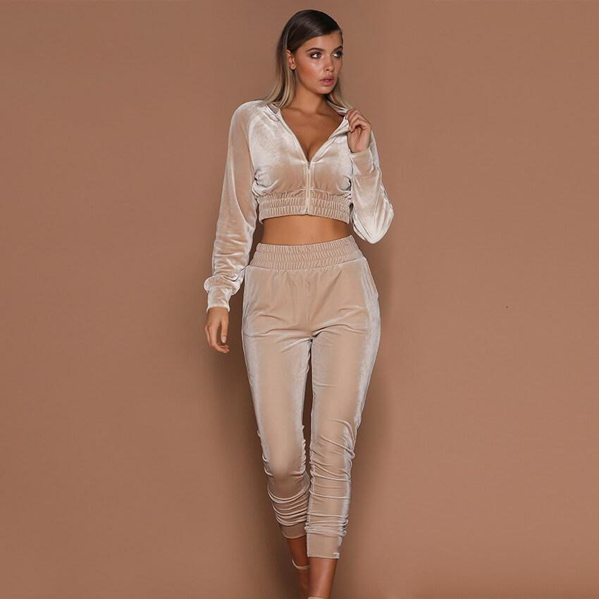 Zipper Deep V-neck Crop Top High Waist Skinny Pants Set