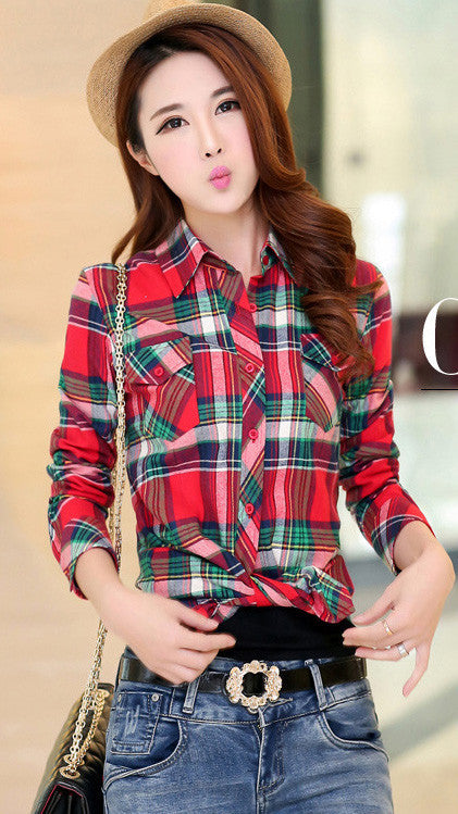 Turn-down Collar Plaid Flower Print Long Sleeves Slim Button Blouse ...