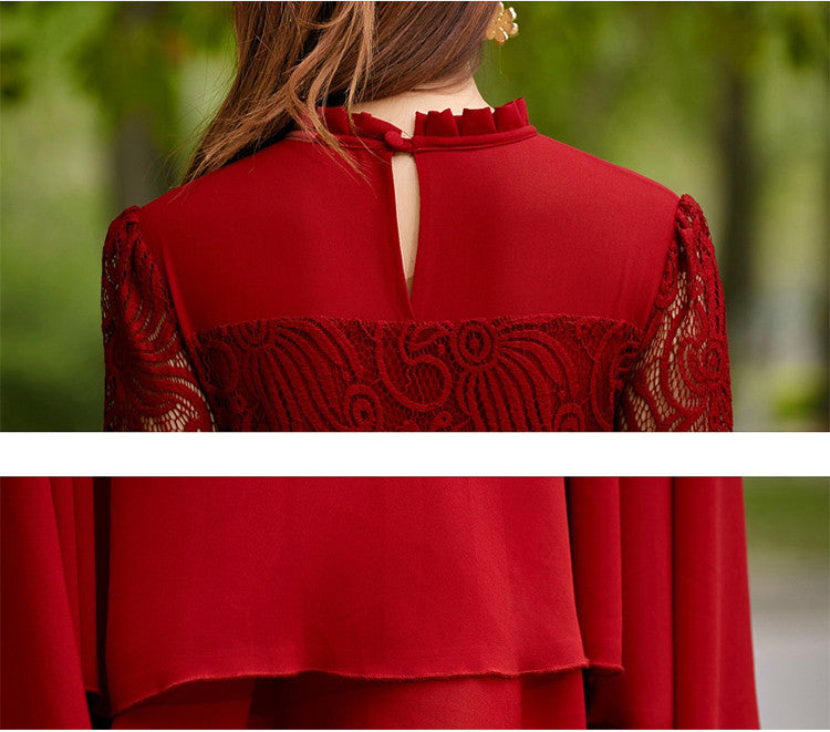 Charming Long Lace Sleeves Pleated Chiffon Long Red Maxi Dress - May Your Fashion - 6