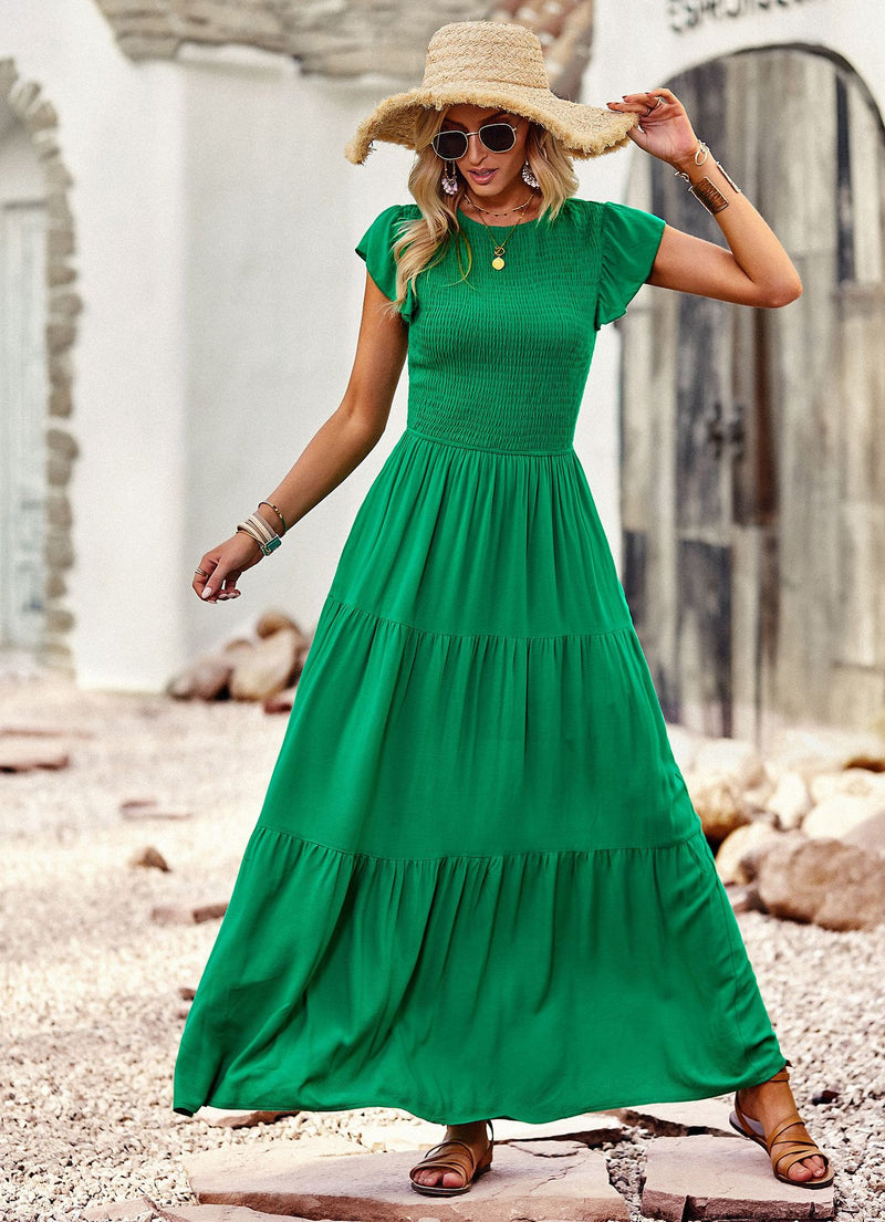 Summer Solid Round Neck Over-the-Knee Style Dress