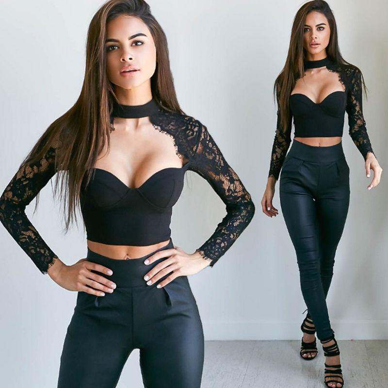 High Neck Pure Color Lace Long Sleeves Short Crop Top