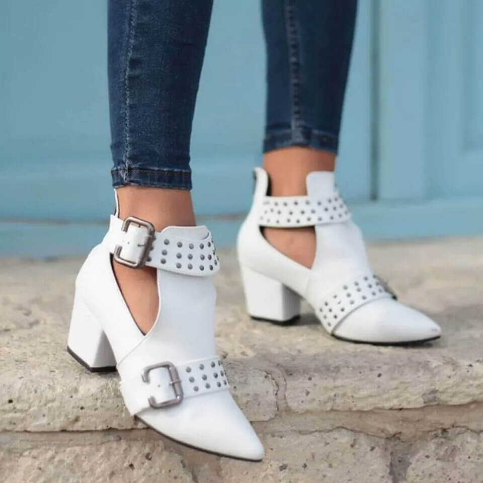 Leather Buckle Rivet Chunky Heel Ankle Boots