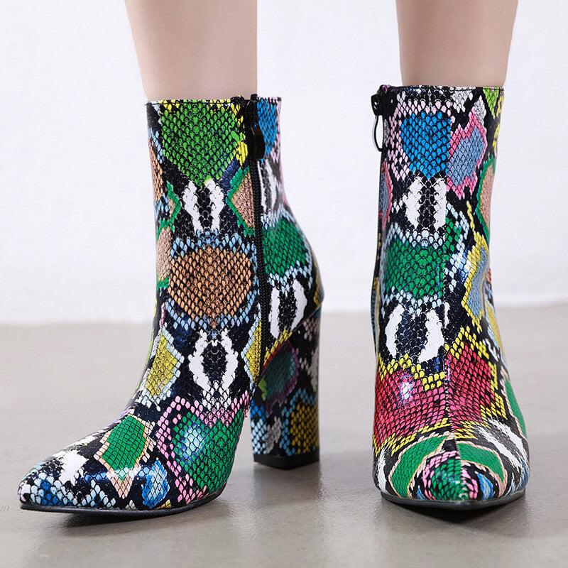 Leather Colorful Snakeskin Pointed Toe High Heel Calf Boots 