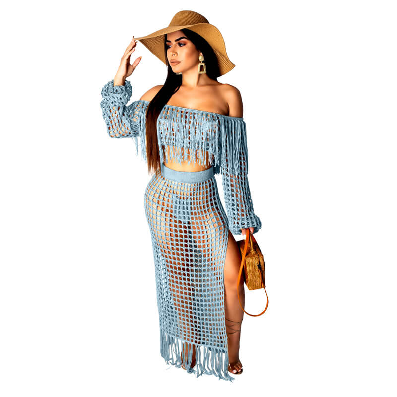 Off Shoulder Crop Top Perspective MAXI Skirt Set