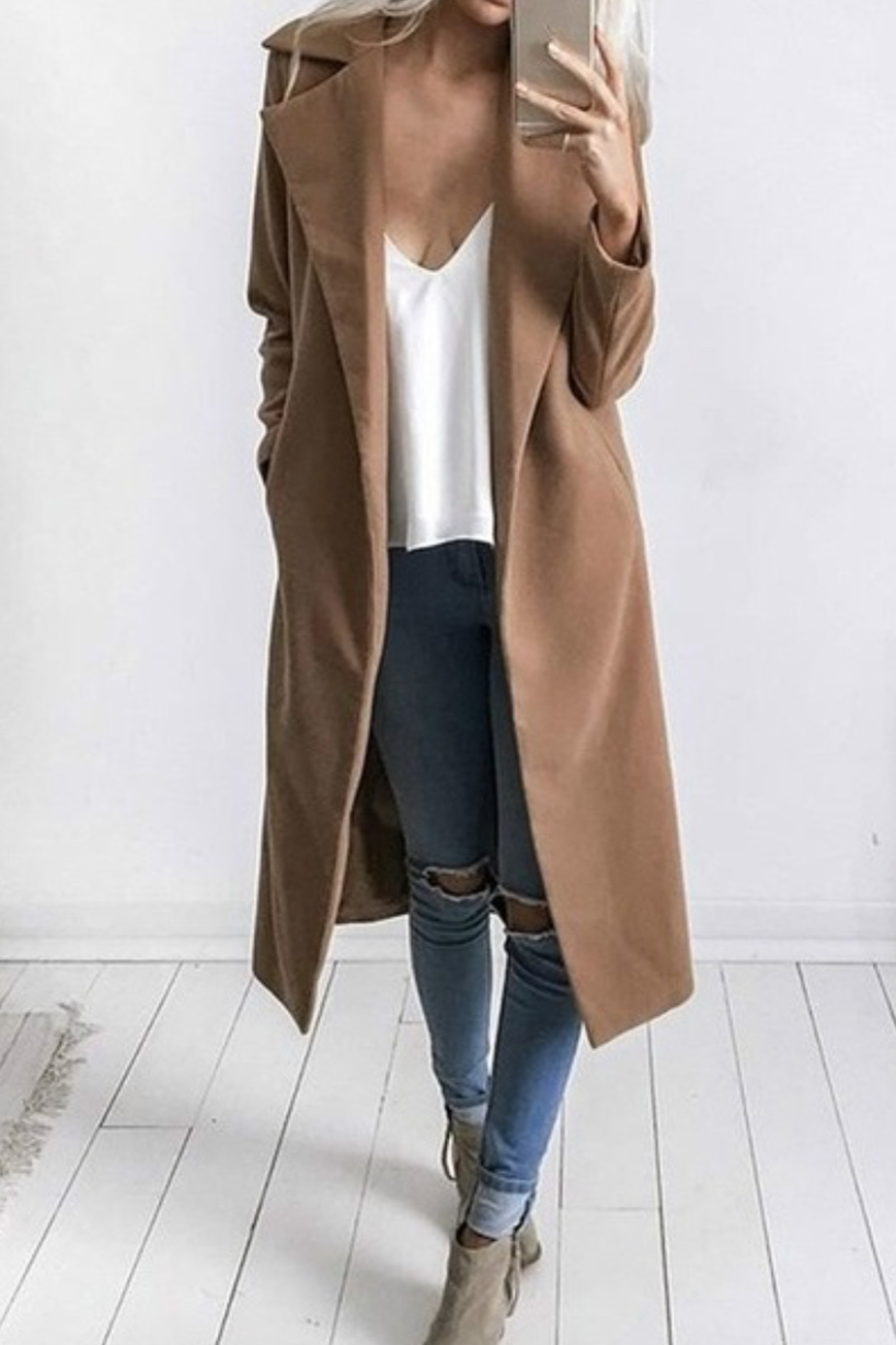 Lapel Collar Pockets Long Slim Woolen Coat