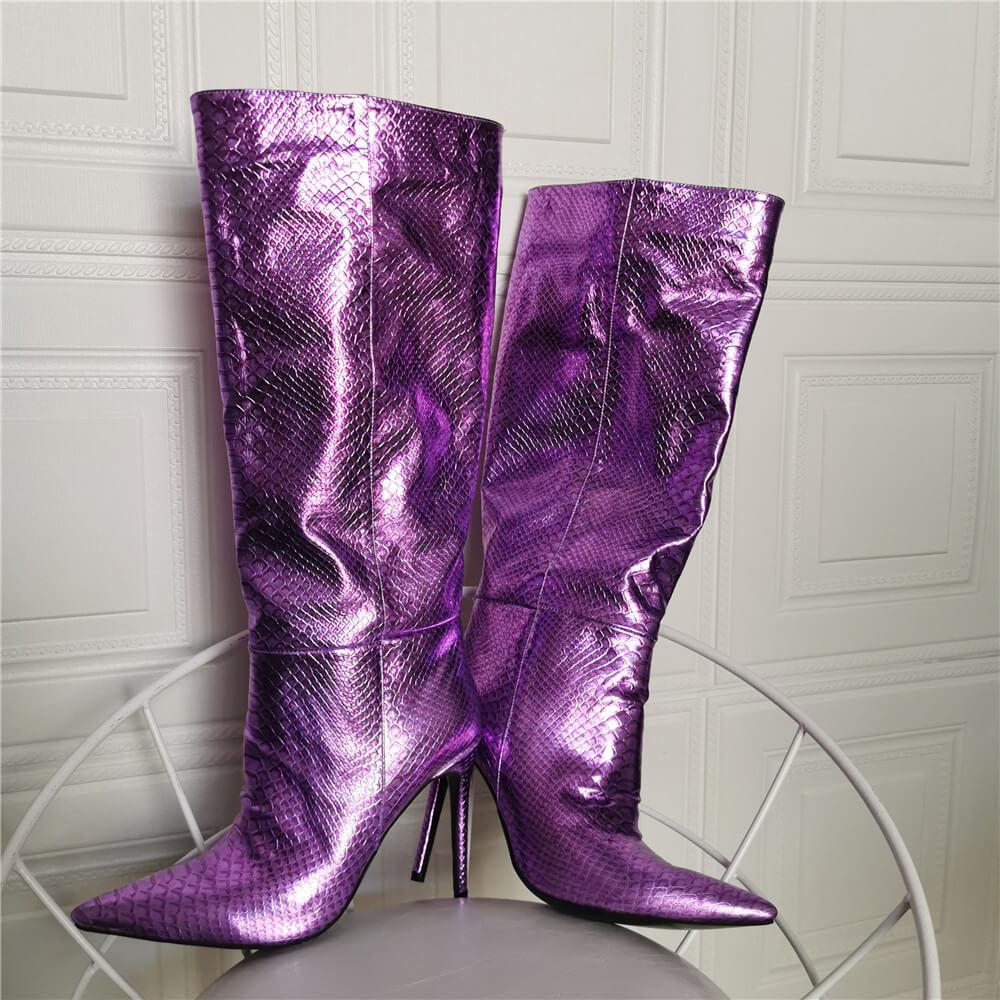Party Purple PU Point Toe High Heel Knee High Boots