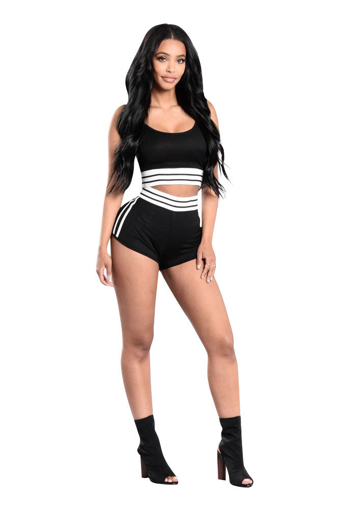 Stripes Scoop Crop Top with Shorts Two Pieces Sport Set