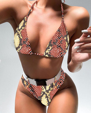 Animal Print Buckle Halter High Rise Thong Bottom Bikinis