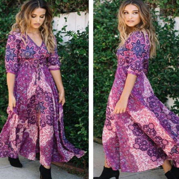 Purple V-neck Half Sleeves Long Print Beach Dress