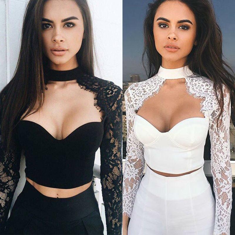 High Neck Pure Color Lace Long Sleeves Short Crop Top