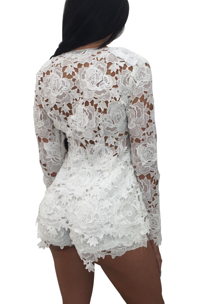Lace Hollow-out Blazer with Shorts Two Pieces Set