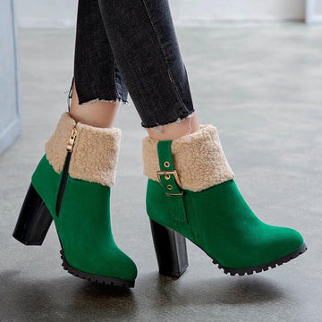 Chunky High Heel Buckle Suede Ankle Boots