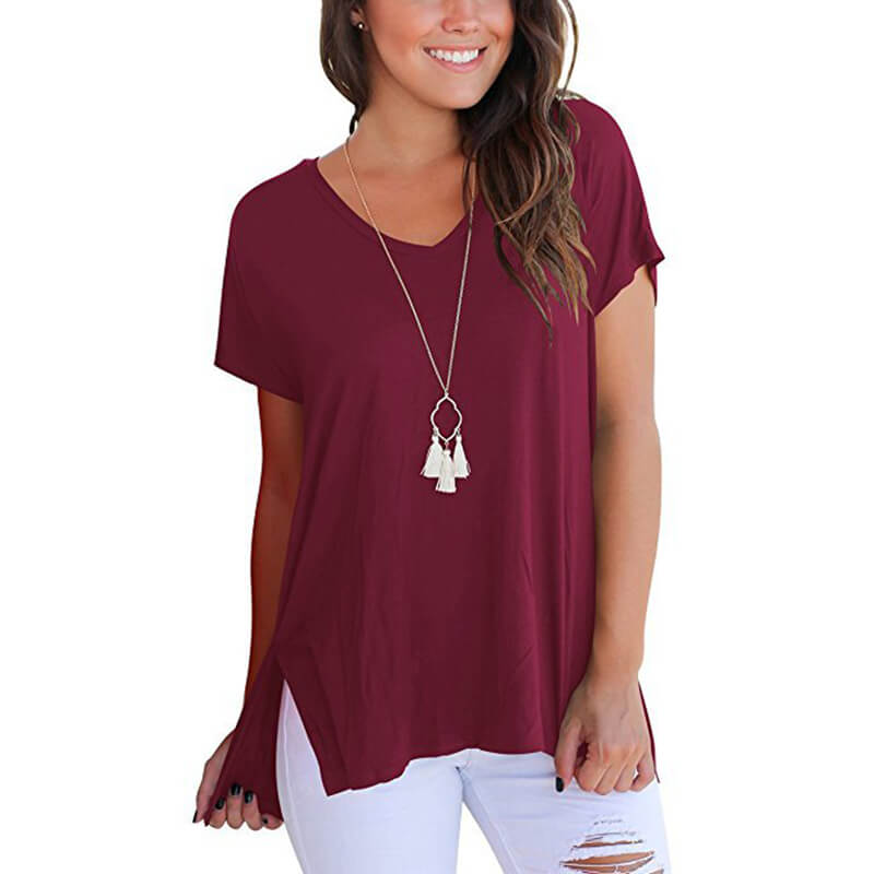 V-neck Loose Pure Color Split Blouse