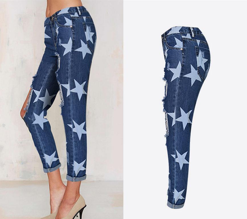 Holes Star Printed Beggar Casual Straight Jeans - Meet Yours Fashion - 4