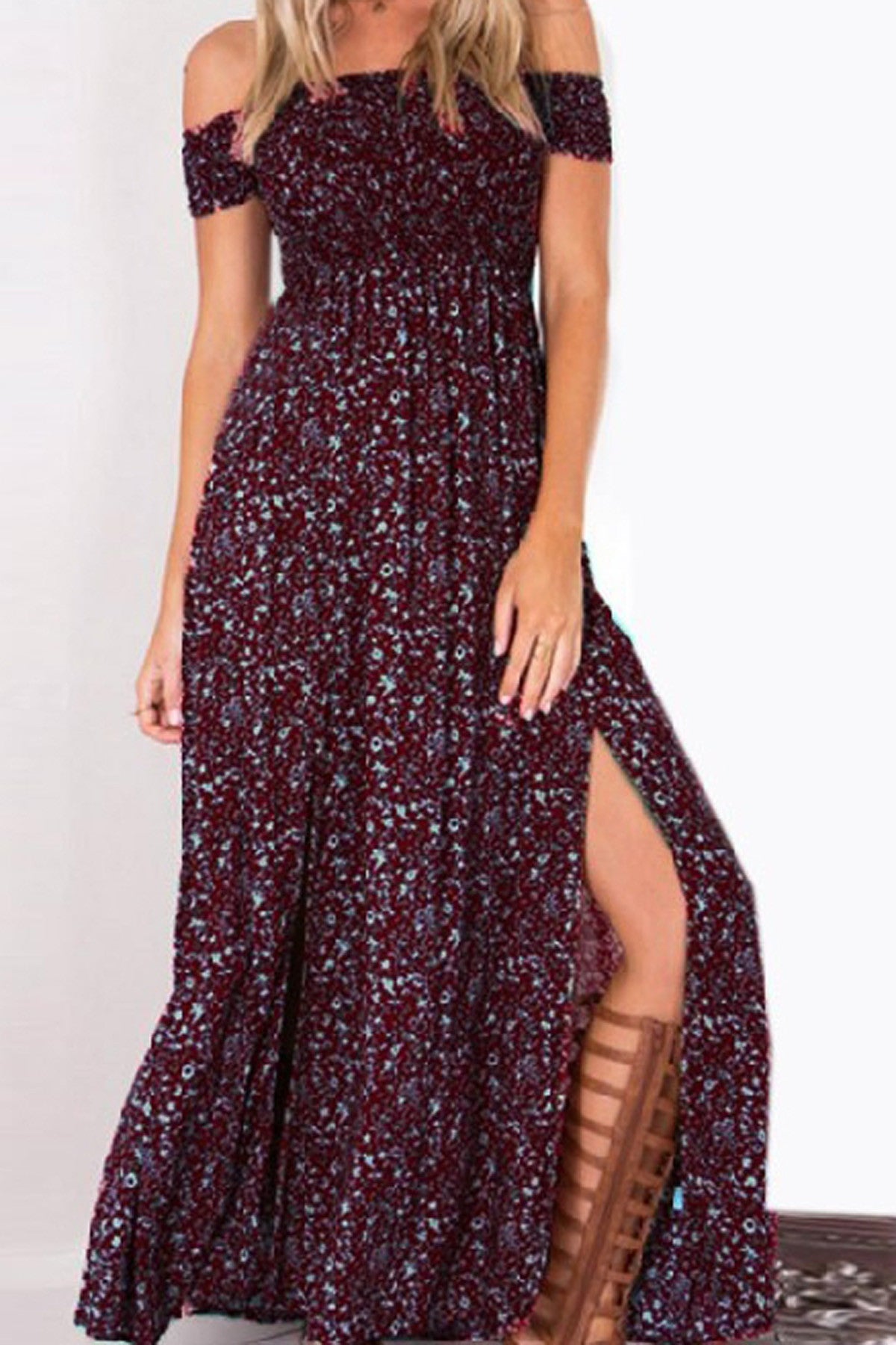 Off Shoulder Floral Print Split Long Dress