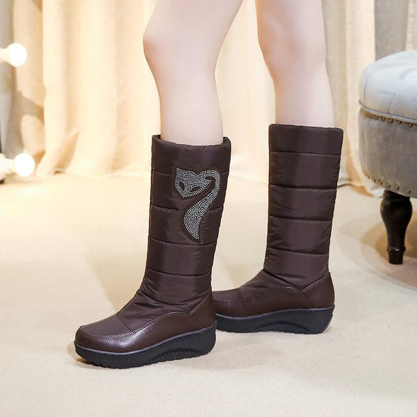 Rhinestone Platform Flat Round Toe Mid Calf Boots