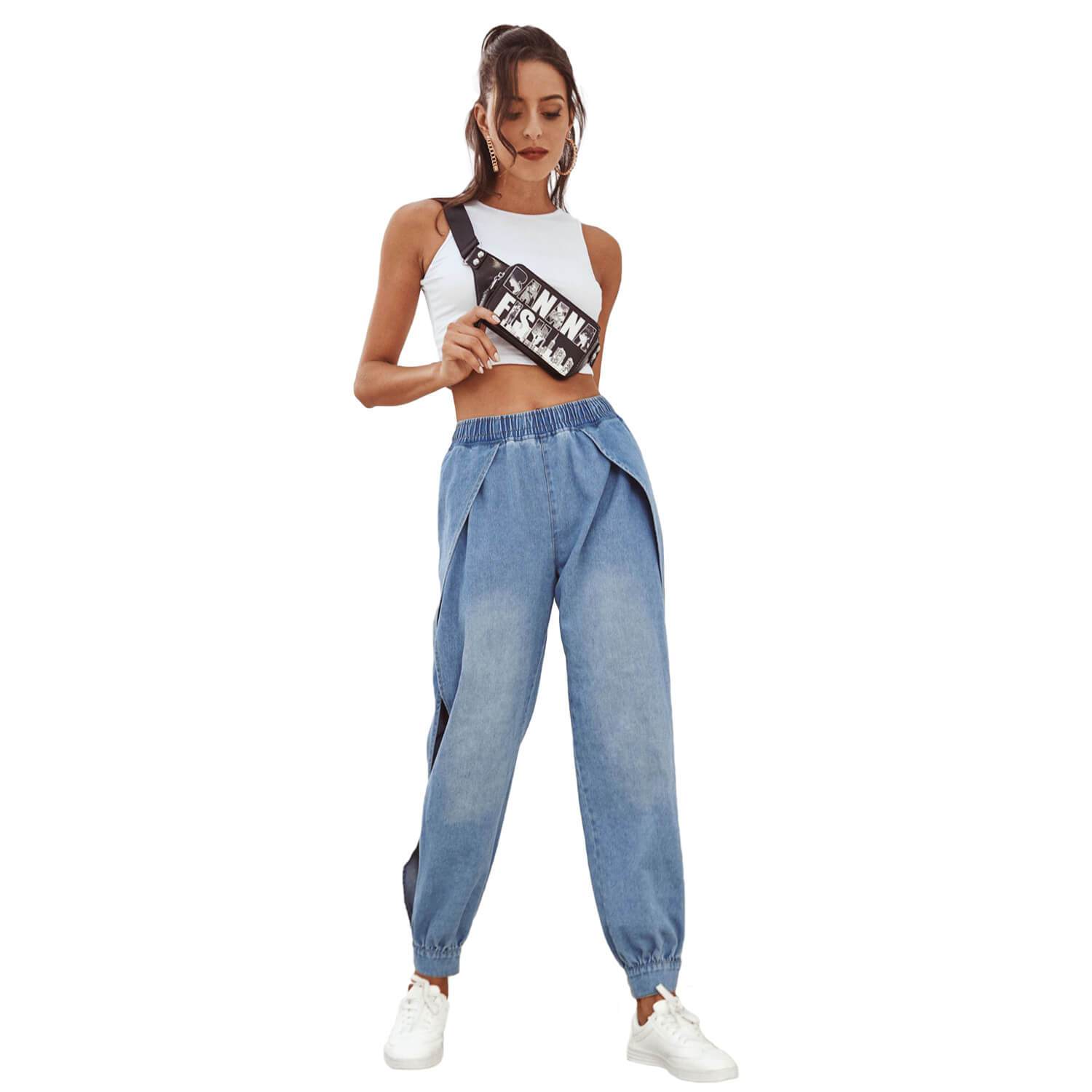 Split Elastic Ankle High Waist Cuff Jeans Pants