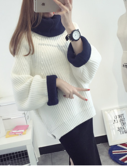 Korean Solid Color Knit Big Pullover Splicing Sweater - May Your Fashion - 1