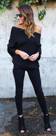 Fashion Loose Plus Size Bat Sleeve Boat Neck Knit Sweater