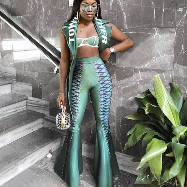 Strpless Crop Top Straps Bell Bottom Pants Set