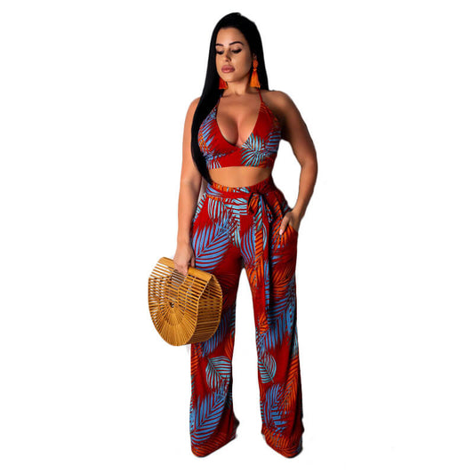 Spaghetti Straps Crop Top Flower Print Pencil Pants Set