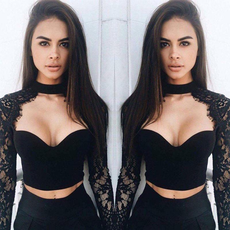 High Neck Pure Color Lace Long Sleeves Short Crop Top