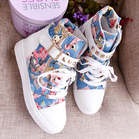 Cute Floral Print Skull Lace Up High Cut Women Sneakers - MeetYoursFashion - 7