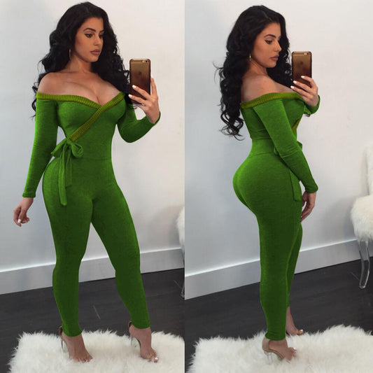 Sexy Off Shoulder Long Sleeves Bandage Bodycon Skinny Jumpsuits