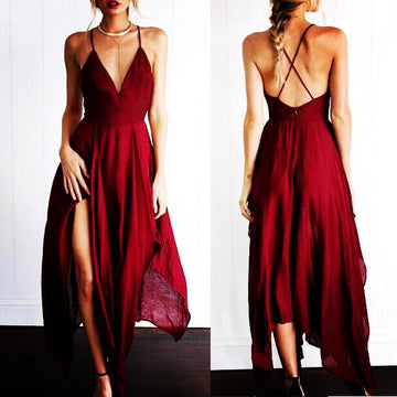 Spaghetti Straps Deep V-neck Split Pure Color Irregular Dress