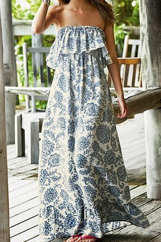 Free Shipping Clearence Strapless Off Shoulder Flower Print Loose A-line Long Beach Dress