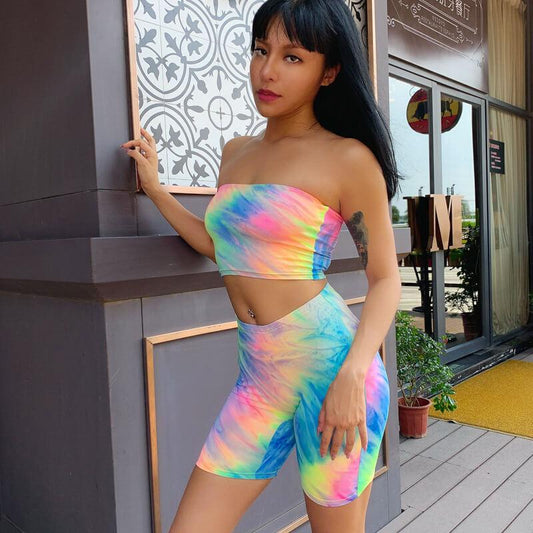 Party Strapless Tie Dye High Waist Bodycon Two Pieces Set