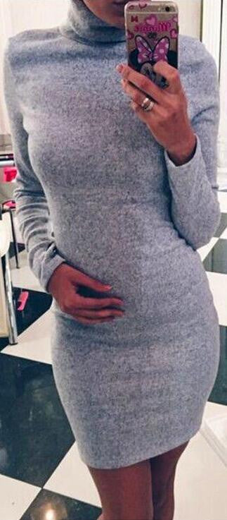 Fashion Sanding High Neck Long Sleeve Bodycon Short Dress