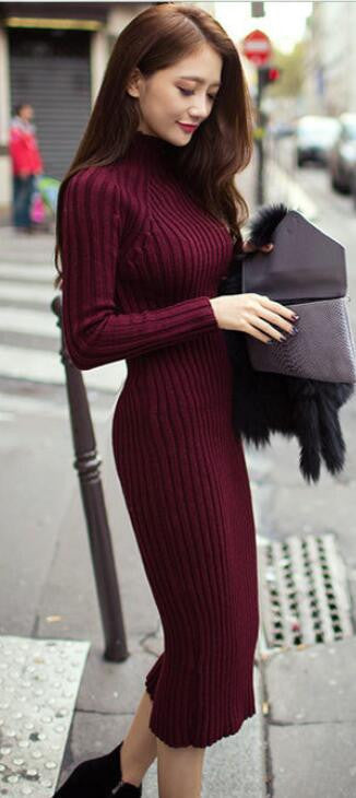 Fashion Ribbed High Neck Long Sleeve Knit Long Sweater Dress