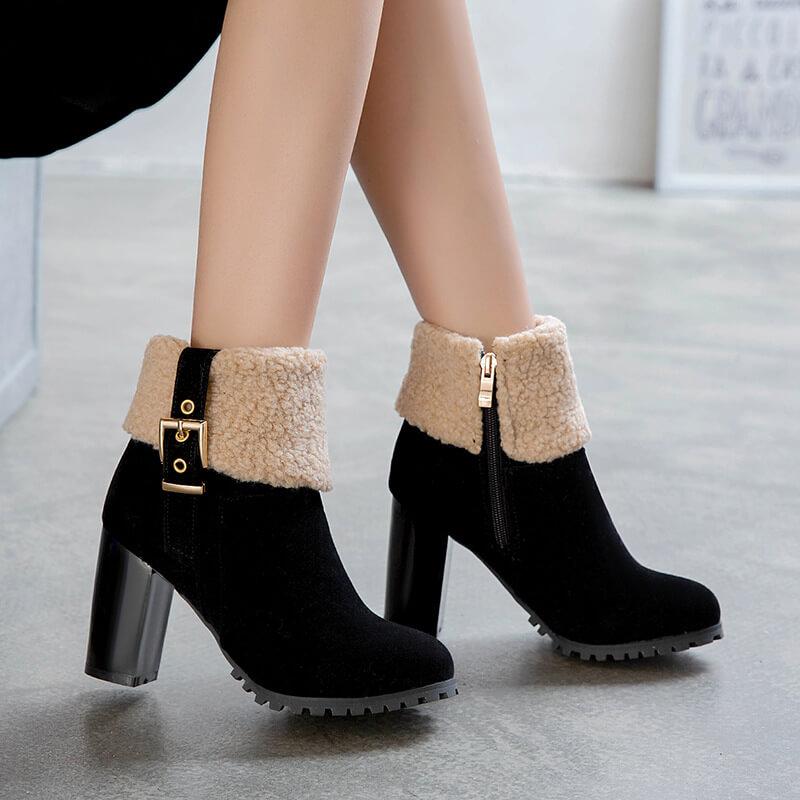 Chunky High Heel Buckle Suede Ankle Boots