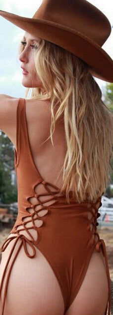 Sexy Lace Up Hollow Out Pure Color One Piece Swimwear