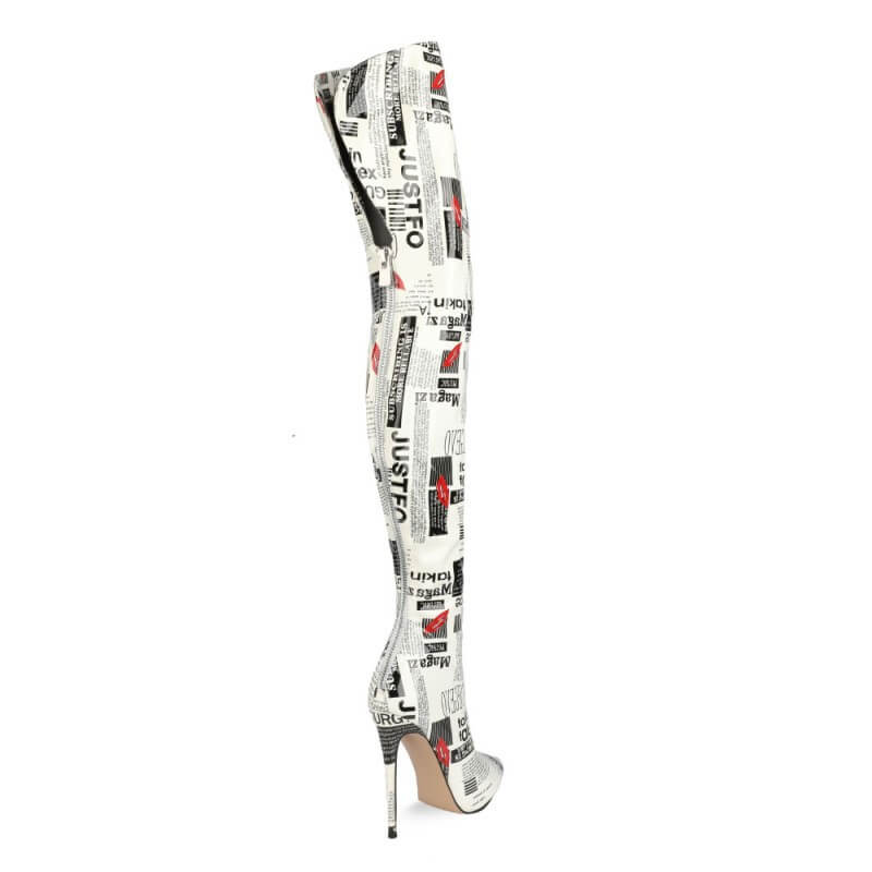 White Letter Print Pointed Toe High Heel Over Knee Boots