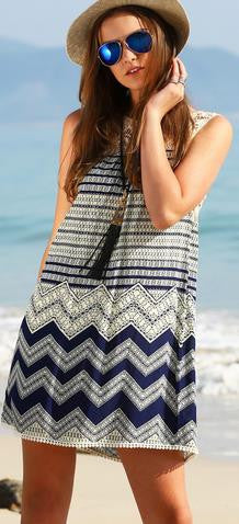Lace Patchwork Flower Print Sleeveless Scoop Short Dress