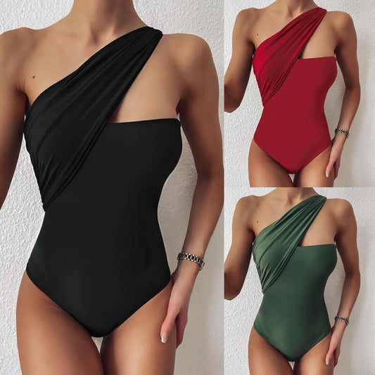 One Shoulder Backless Plain High Cut Swimsuits