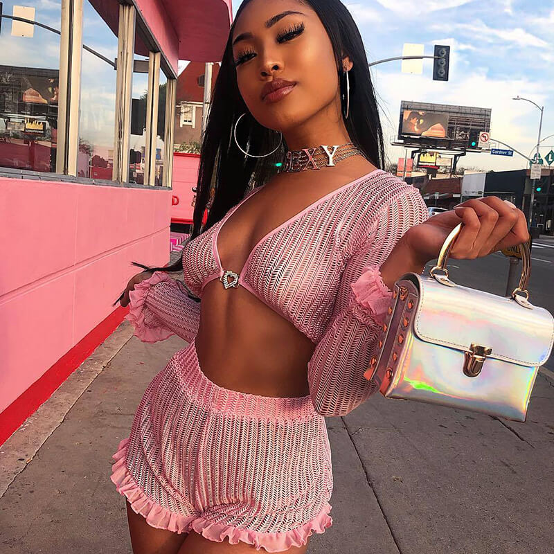 Deep V-neck Crop Top Ruffle Shorts Set